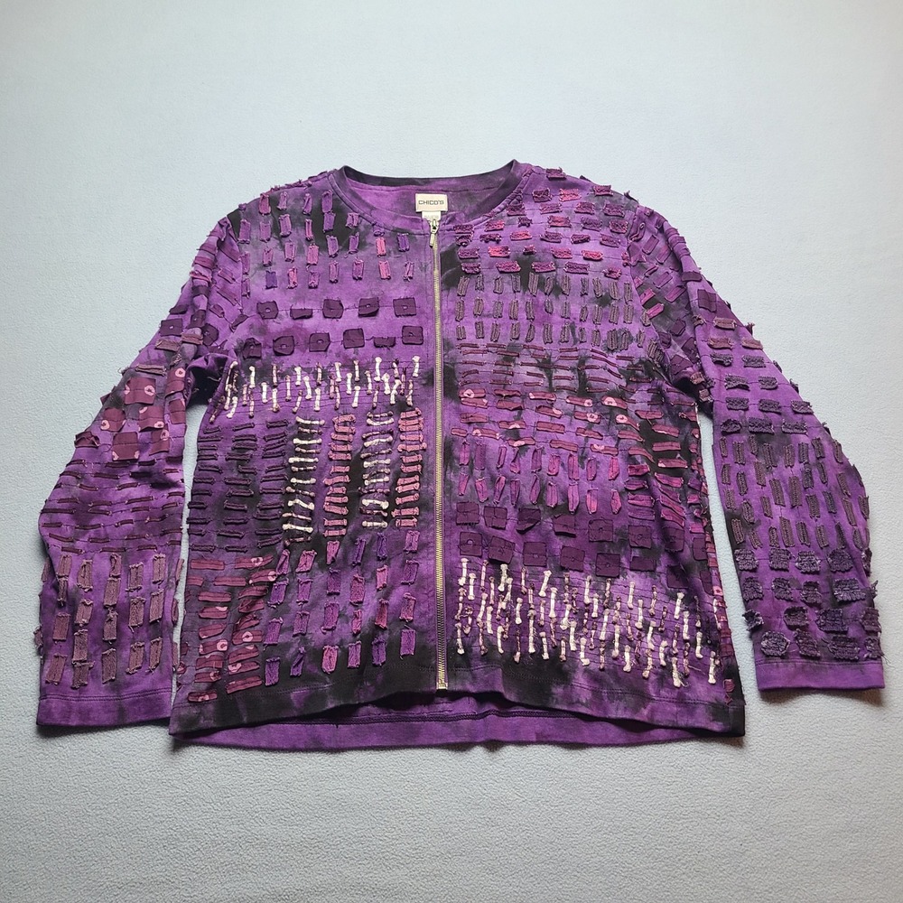 Chico's Full Zip Jacket Womens Size 2 Purple Excellent Tie Dye Ribbon Textured
